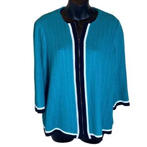 Misook knit green top black white trims zipper front medium